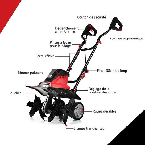 COSTWAY Motobineuse Électrique 1200W Profondeur Travail 22CM Largeur 35CM Avec Poignée Pliable Roues Réglables 4 Lames 6 COSTWAY Motobineuse Électrique 1200W Profondeur Travail 22CM Largeur 35CM Avec Poignée Pliable Roues Réglables 4 Lames – Image 4